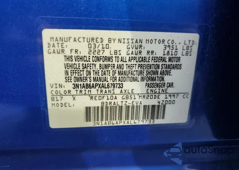 2010 Nissan Sentra 2.0 z USA, uszkodzony, nr VIN 3N1AB6APXAL679733